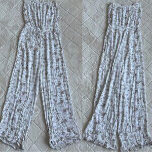 Aerie | Cream and Tan Palm Print Sleeveless Jumpsuit | Size Small